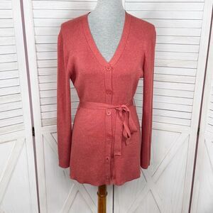 Vtg Croft & Barrow V Neck Button Up Belted Tunic Cardigan Sweater Spice Large